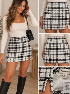 Francesca's Black & White Plaid Tweed Mini Skirt with Front Slit
